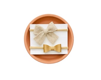 Baby Headband Set, Hair Bow Set, Stone Felt Bow Headband, Gold Faux Leather Bow Headband, Baby Shower Gift