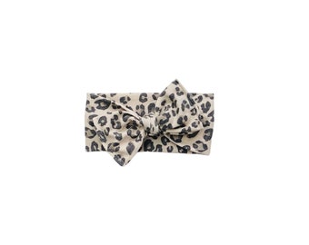 Envoltura de cabeza de leopardo, envoltura de cabeza de nudo superior de leopardo gris, diadema de niña, diadema con estampado animal, regalo de baby shower