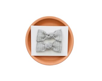 Gray Waffle Knot Pigtail Bow Set, Gray Pigtail Bow Set, Gray Waffle Piggy Bow Set, Pigtail Hair Bows