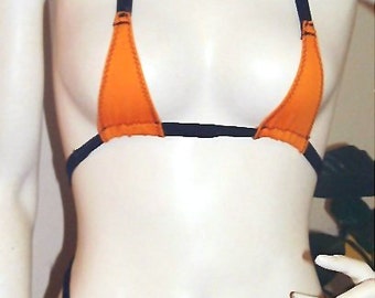 Handmade Lycra Micro Thong Bikini: Orange & Black Triangle Top