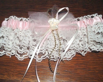 Ivory Lace Wedding Garter, Pink Satin Bridal Garter