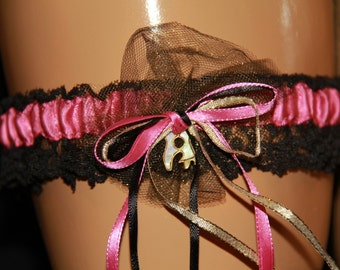 Black Lace Wedding Garter, Dusty Rose Satin Ribbon, Kissing Kids Charm