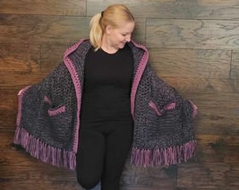 Beautiful (Hooded Option) Pocket Shawl, Crochet, Sweater, made to order  SPECIAL ORDER - additional inside pockets, Mother's Day Gift