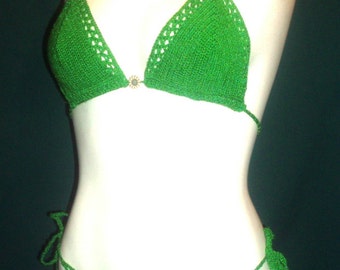 Green Crochet Bikini with Sunflower Accent, Full Bottom