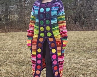 Crochet Coat, Coat of Many Colors, Technicolor Coat, Long Coat, Granny Square, Long Cardigan, Hand Crochet Coat, Hooded Coat, MADE TO ORDER
