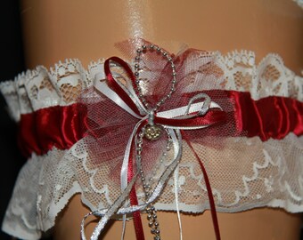 White Lace Wedding Garter, Burgundy Satin Ribbon & Bow