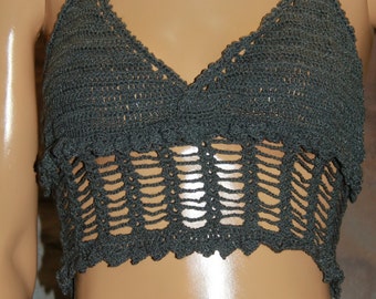 Handmade Crochet Gray Halter Crop Top, Lacy Festival Top