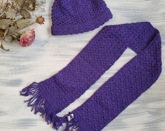Girls Crochet Purple Hat and Scarf Set, 18-36 Months