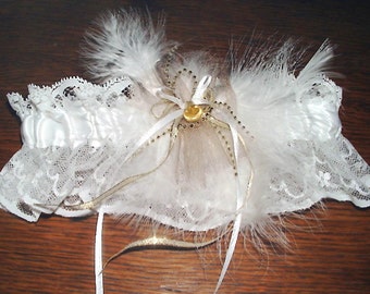 White Lace Wedding Garter with Satin Ribbon, Gold Bow & Feather