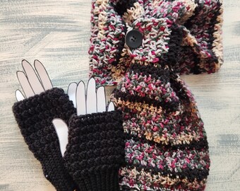 Adjustable Winter Neck Scarf & Fingerless Glove Set, Crochet, Keyhole Scarf, Pull Through, Neck Warmer, MADE TO ORDER