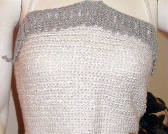 White Crochet Halter Top - Silver Laced Cotton Midriff