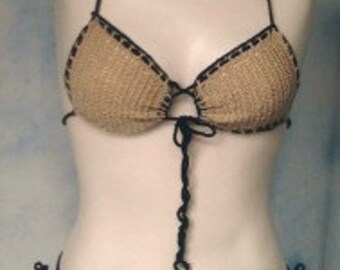 Crochet Tan Bikini, Full Bottom Two-Piece Swimsuit