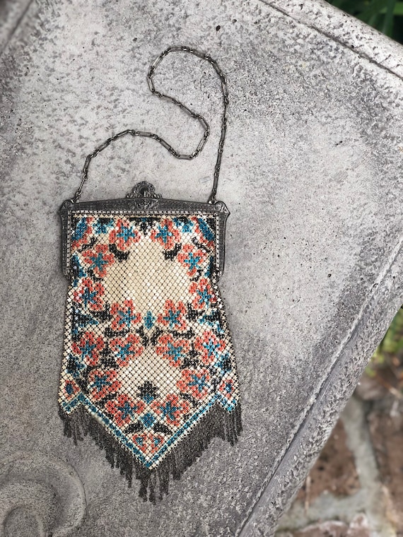 1920s Art Deco Mandalian Mesh Metal Enameled Purse