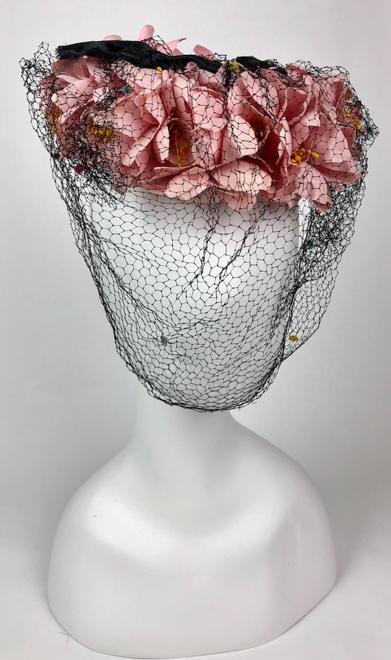 1940s pink & black floral Fascinator Tilt Hat