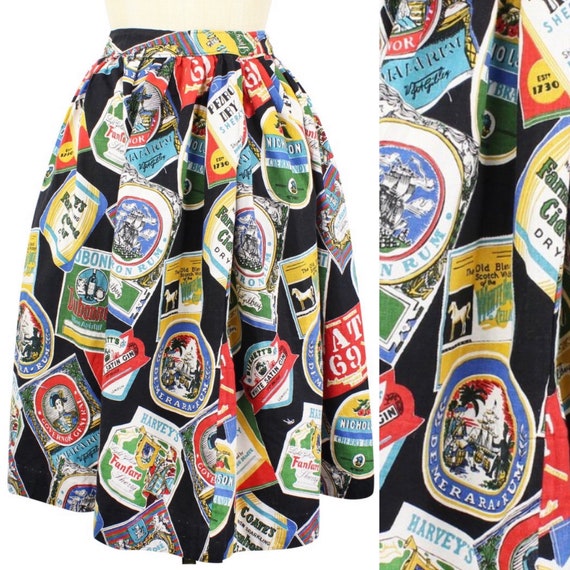 Vintage 1950s Liquor Labels Novelty Print Skirt