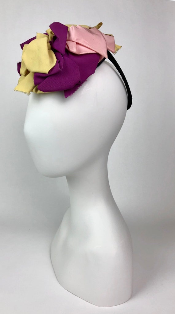 1940s ribbon fascinator Purple Yellow Pink