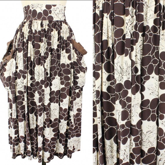 1940s HUGE pockets Novelty Print Rayon Skirt