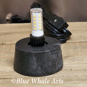 May include: A black plastic base with a white LED light bulb on top. The base has a cord with a switch and plug. The light bulb has a clear glass cover and multiple LED lights inside.