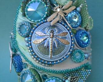 Bead Embroidered Bracelet Cuff, Beaded Bracelet, Dragonfly Bracelet, Czech Button Bracelet, Handmade, OOAK