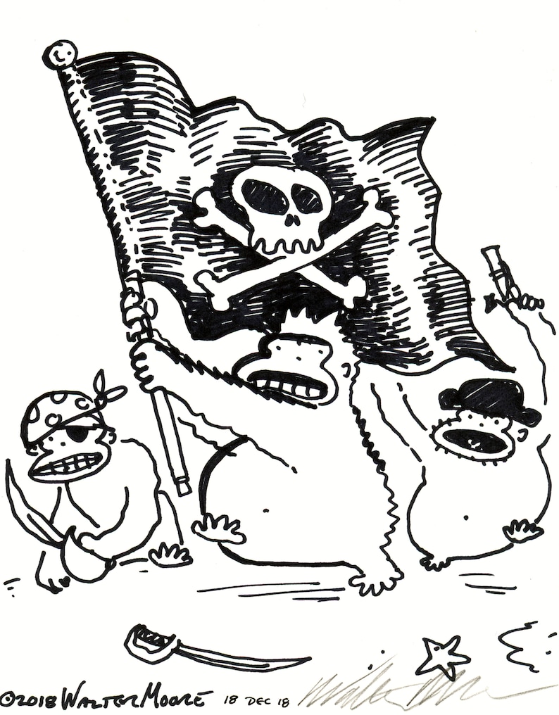 Original Signed Cartoon Art by Walter Moore Pirate Apes Wave Black Flag