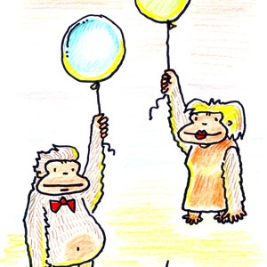 May include: A hand-drawn illustration of two monkeys holding balloons. One monkey is wearing a red bow tie and is holding a blue balloon. The other monkey is holding a green balloon. The monkeys are standing on a yellow background with a sun in the bottom right corner. The image is signed and dated "12 JAN 22".