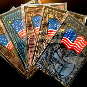 ¡Paquete de bandera americana! Lote de 5 impresiones originales de bloques pintados a mano de 4 x 6" en cartón reciclado, por Walter Moore