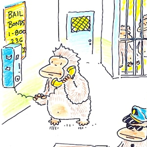 Peut inclure: Une illustration de dessin animé d'un singe au téléphone, appelant un service de cautionnement. Le singe se tient devant une cellule de prison avec d'autres singes à l'intérieur. Le texte sur le panneau de cautionnement indique "BAIL BONDS 1-800-236". Le texte sur le panneau de la cellule de prison indique "STAND BACK FROM DOOR".