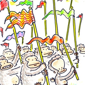 Apes March with Pennants and Flags, Original Signed Cartoon Art by Walter Moore