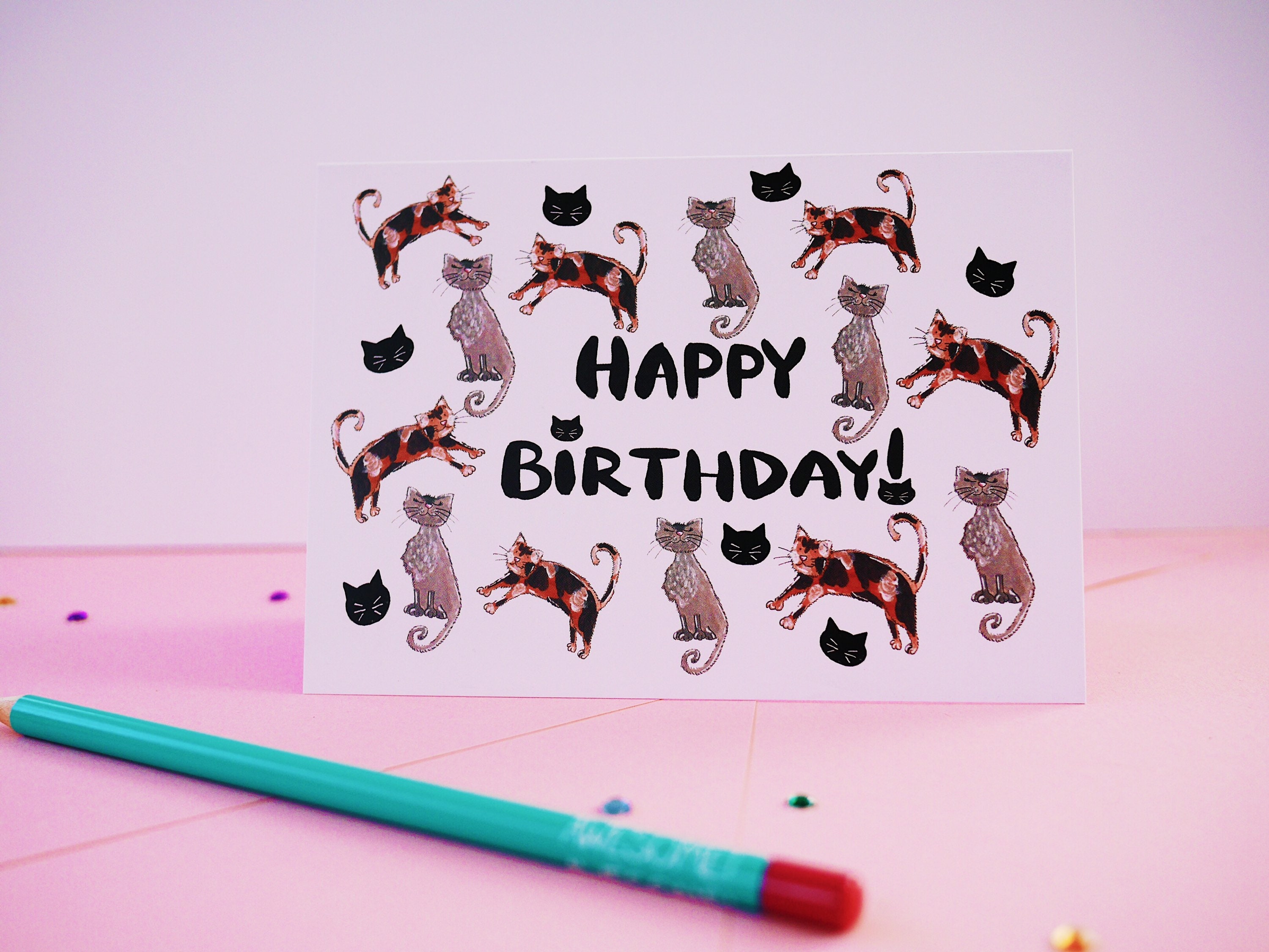 Cat Birthday Card Fluffy Grey and Tabby Cats | Etsy