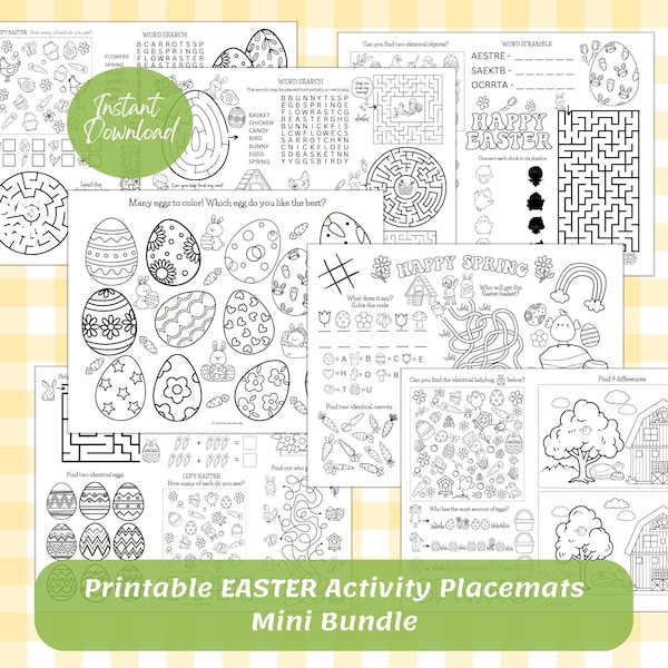 Easter Activity Placemat Bundle for Kids Party and Easter Basket, Printable Coloring and Games for Toddler, Fun Spring Party Entertainment