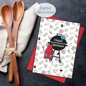 Cartão de feliz aniversário para impressão para o amante de grelhados, amante de comida e quem gosta de cozinhar, modelo de cartão de aniversário 5x7