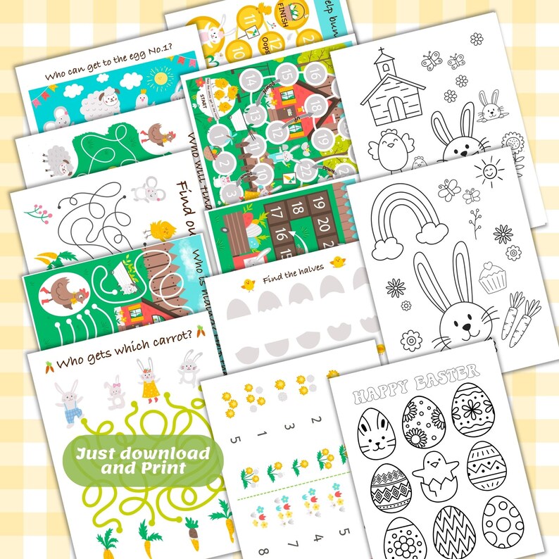 May include: A set of printable Easter activity sheets for kids. The sheets feature a variety of activities, including mazes, counting games, and coloring pages. The activities are all Easter-themed and feature images of bunnies, eggs, and other Easter symbols.