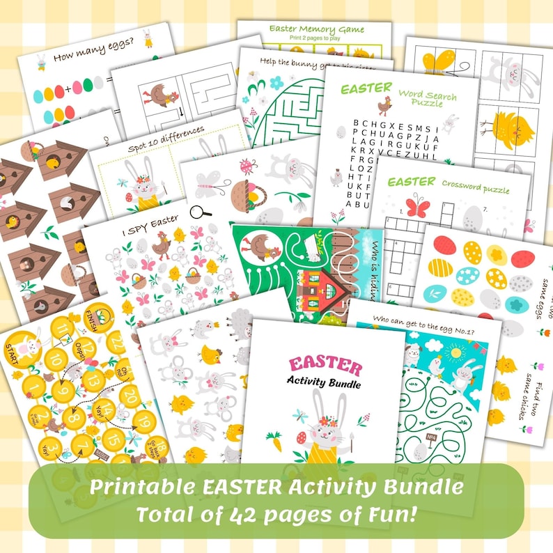 May include: A printable Easter activity bundle with 42 pages of fun. The bundle includes a variety of activities, such as mazes, word searches, and counting games. The activities feature cute illustrations of bunnies, chicks, and eggs.