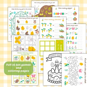 May include: A set of printable Easter-themed activity sheets for kids. The sheets include a maze, counting games, a memory game, a tic-tac-toe game, a coloring page, and a find-the-path game. The sheets feature colorful illustrations of bunnies, chicks, eggs, carrots, and flowers.