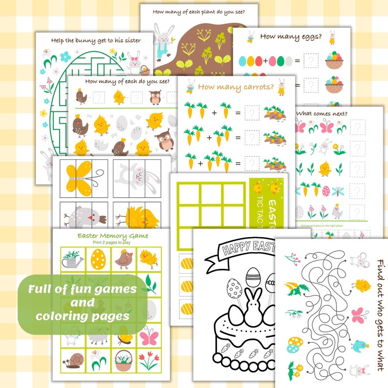 May include: A set of printable Easter-themed activity sheets for kids. The sheets include a maze, counting games, a memory game, a tic-tac-toe game, a coloring page, and a find-the-path game. The sheets feature colorful illustrations of bunnies, chicks, eggs, carrots, and flowers.