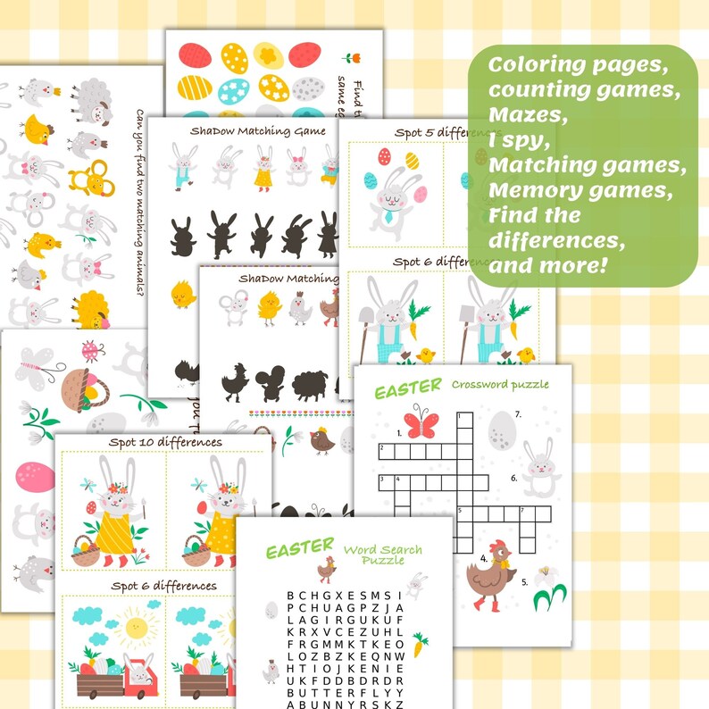 May include: A set of printable Easter activity sheets for kids. The sheets include coloring pages, counting games, mazes, I spy, matching games, memory games, find the differences, and more. The sheets feature a variety of Easter-themed images, including bunnies, eggs, chicks, and flowers.