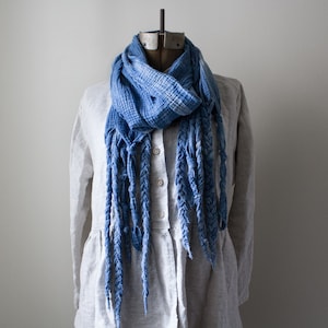 Naturally dyed indigo blue cotton gauze scarf - HELIX - braided fringe shawl wrap, in lightweight soft cotton. All seasons. Chunky texture.