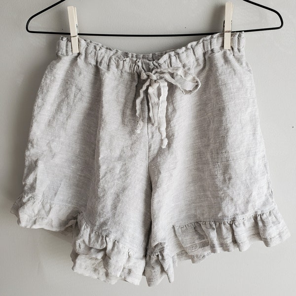 Ruffled linen shorts - SALTWATER - breathable shorts in white natural flax. Womens boho shorts for summer.