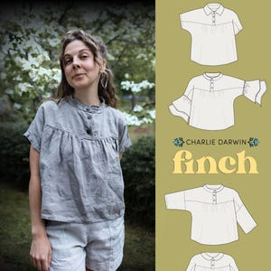 Könnte beinhalten: Eine Frau trägt ein graues Leinenoberteil und Shorts. Das Oberteil hat einen Rüschenkragen und Knöpfe. Daneben befinden sich Illustrationen verschiedener Hemdstile. Der Text "Charlie Darwin" und "finch" sind ebenfalls zu sehen.