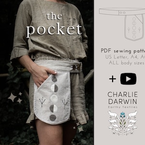 May include: A sewing pattern for a pocket, with a moon and plant design, in PDF format for US Letter, A4, and AO paper sizes. The pattern is for all body sizes. The pattern is by Charlie Darwin, Earthy Textiles.