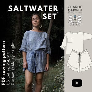 Linen Romper 2-piece Set - Digital Sewing Pattern - SALTWATER - boxy linen t-shirt and shorts with ruffles and pockets