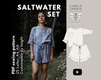 リネン ロンパース 2 ピース セット - デジタル ソーイング パターン - SALTWATER - フリルとポケットが付いたボックス リネン T シャツとショーツ
