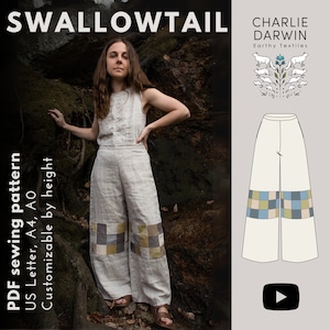 Puede incluir: Un patrón de costura PDF para un pantalón de pierna ancha llamado "Swallowtail" de Charlie Darwin Earthy Textiles. El patrón está disponible en tamaños US Letter, A4 y AO y es personalizable en altura.