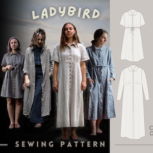 Puede incluir: Imagen de un patrón de costura "LADYBIRD" con ilustraciones de vestidos. Tres mujeres modelan vestidos abotonados en tonos grises y azules. El texto "SEWING PATTERN" está en la parte inferior, con "CHARLIE DARWIN" a la derecha.
