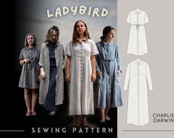 ボタンアップジャケットドレス - デジタル縫製パターン - LADYBIRD - 襟とポケット付きのシンプルなミディ丈リネンドレス