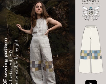 Wide-leg pants with Quilted Knee Patch - Digital Sewing Pattern - SWALLOWTAIL - wide leg trousers with pockets, boho pants, earthy, artsy