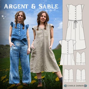 May include: A sewing pattern titled Argent & Sable featuring a blue button-down top with ruffled sleeves, blue wide-leg trousers, and a beige button-down midi dress. The image includes technical line drawings of the garments labeled Charlie Darwin.