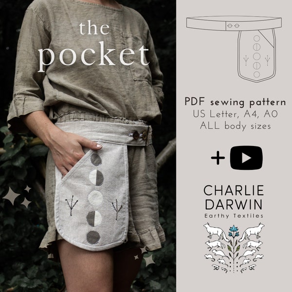 Belt Bag Sewing Pattern + Tutorial, hip pocket, modern design of historical pocket, hip pouch, boho fanny pack, waist pouch