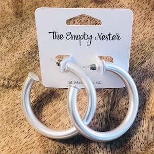 Classic Hoop Earrings/Matte Silver Hoop Earrings/Satin Silver Hoops/Everyday Hoop Earrings/Silver Hoop Earrings/1.75"Hoop Earrings