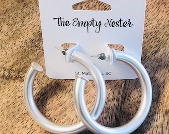 Classic Hoop Earrings/Matte Silver Hoop Earrings/Satin Silver Hoops/Everyday Hoop Earrings/Silver Hoop Earrings/1.75"Hoop Earrings